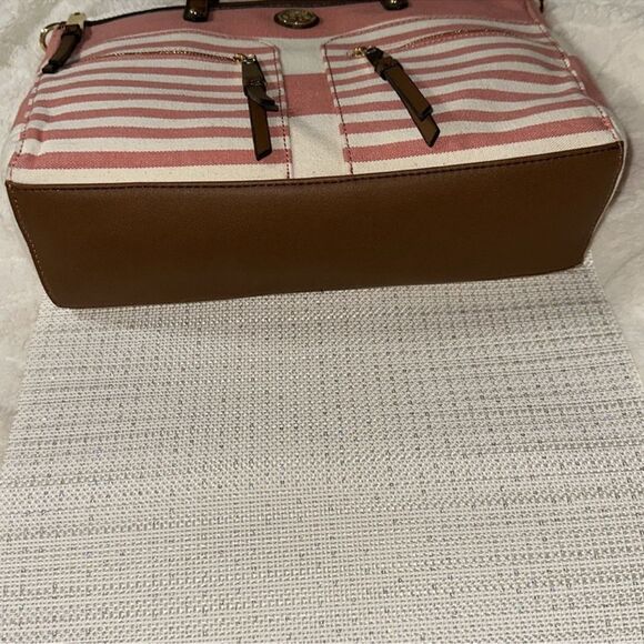TH Ivory Coral Pink Brown Canvas Stripe Faux Leather Trim Medium Tote Handbag - Picture 5 of 15